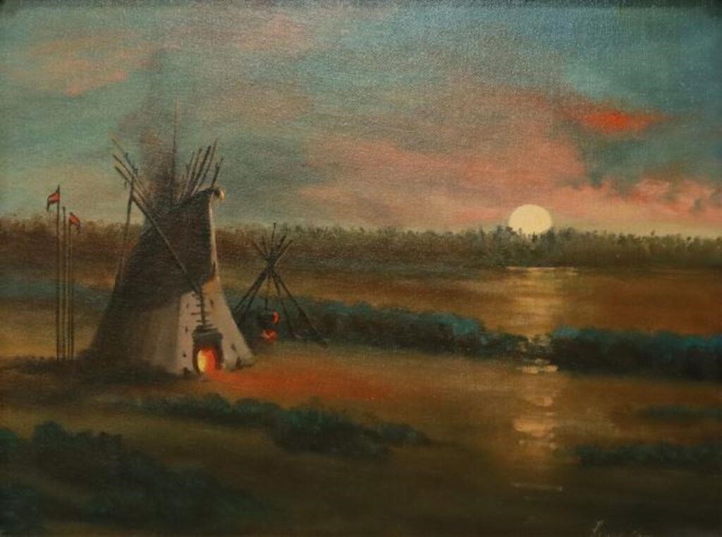 Appraisal: Framed oil on board painting Native American Sunset signed lower