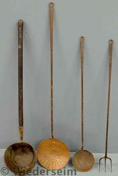 Appraisal: Massive oversized cooking utensils TI a copper dipper iron spit