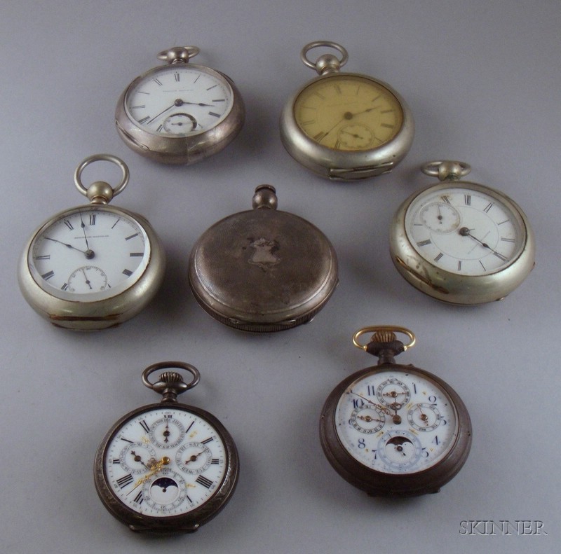 Appraisal: Five Assorted Silveroid Key-wind Pocket Watches and Two Moon Phase