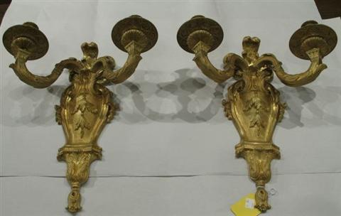 Appraisal: PAIR OF LOUIS XIV GILT BRONZE WALL SCONCES With two