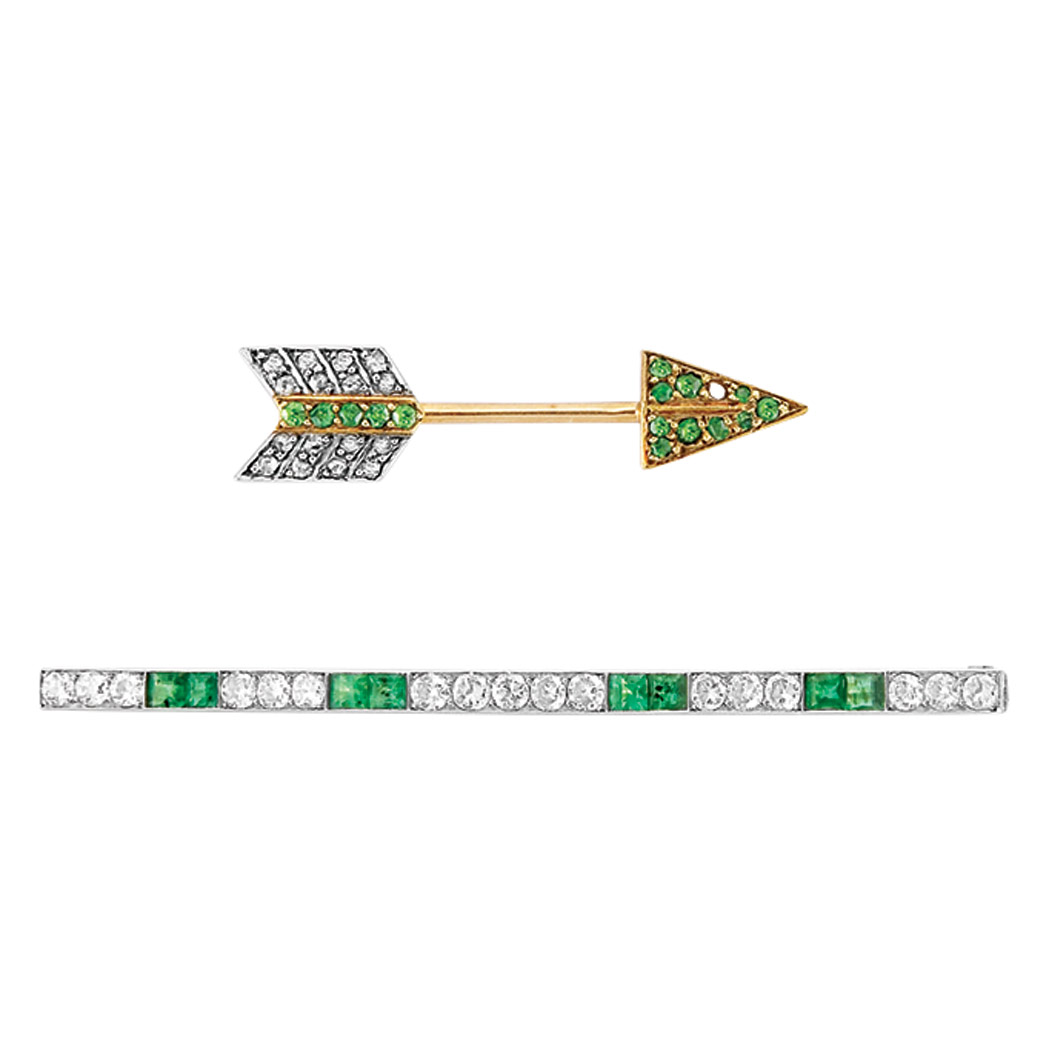 Appraisal: Platinum Emerald and Diamond Bar Pin Cartier and Antique Gold