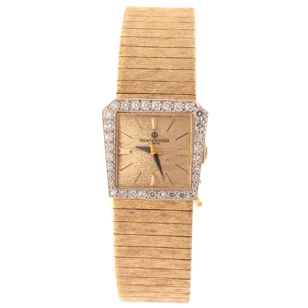 Appraisal: A Diamond Wide Gold Link Watch by Baume Mercier K