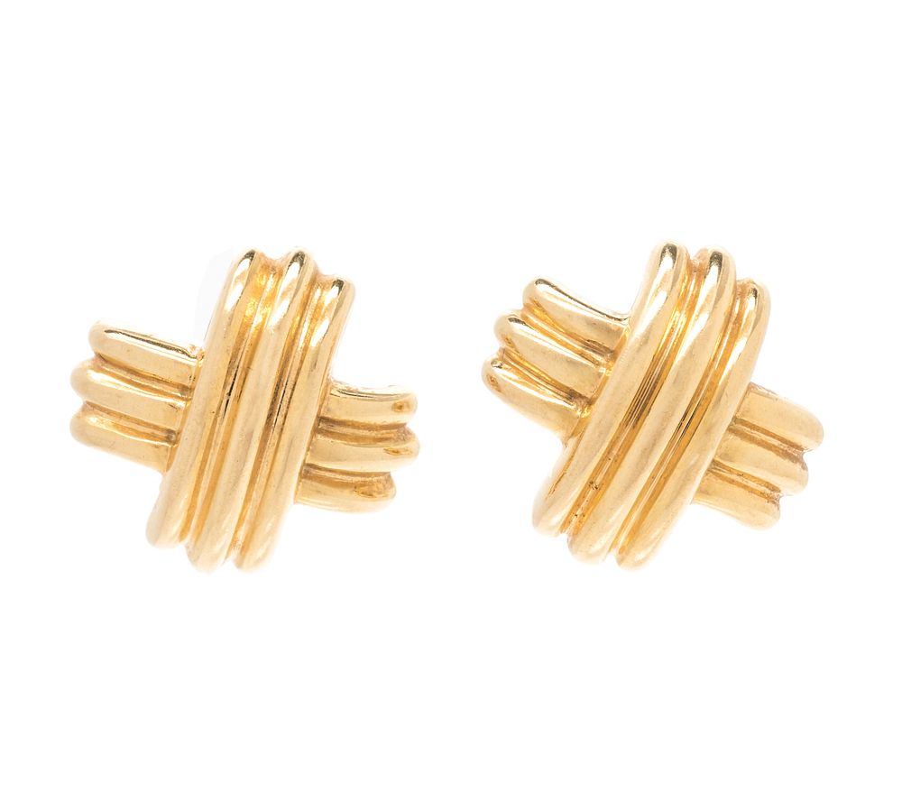 Appraisal: TIFFANY CO YELLOW GOLD 'X' EARCLIPS TIFFANY CO YELLOW GOLD