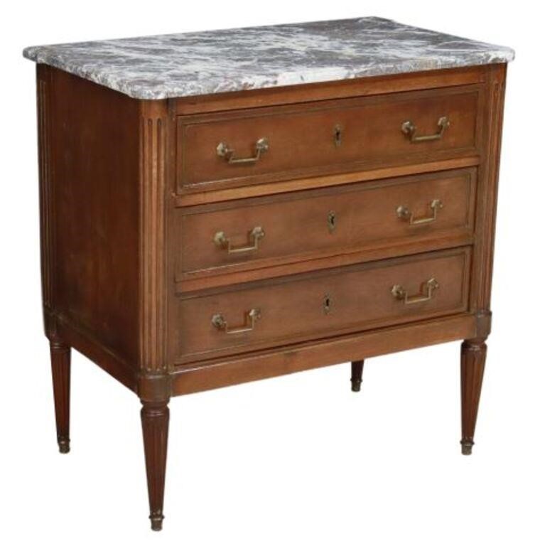 Appraisal: Petite French Louis XVI style marble-top mahogany commode early th