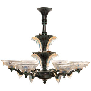 Appraisal: A French Frosted Glass and Patinated Metal Icicle Chandelier in