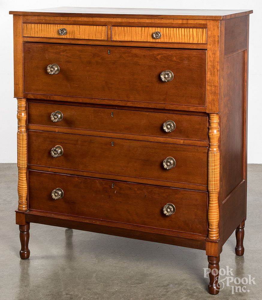 Appraisal: Pennsylvania Sheraton chest of drawers Pennsylvania Sheraton cherry and tiger