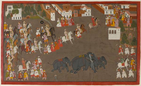 Appraisal: An Indian miniature of Maharana Sangram Singh Escorting Three Elephants