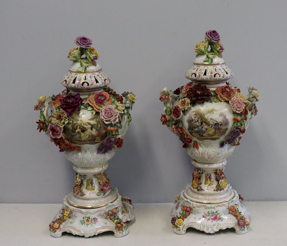 Appraisal: Pair Of Large Dresden Porcelain lidded Urns On Stands Very