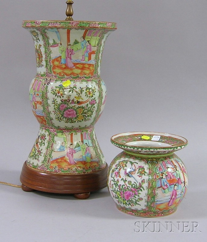 Appraisal: Large Chinese Export Porcelain Rose Medallion Ku-form Vase Table Lamp