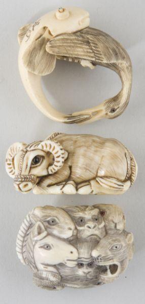 Appraisal: Three Ivory Netsukes Animal Forms the first is a collage