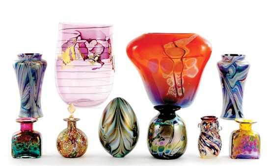 Appraisal: Art glass vases scent bottle and sculpture circa s vases