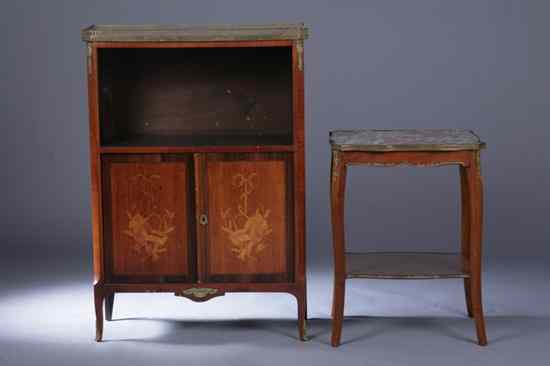 Appraisal: LOUIS XVI STYLE GILT-METAL MOUNTED TULIPWOOD AND PARQUETRY MARBLE-TOP SIDE