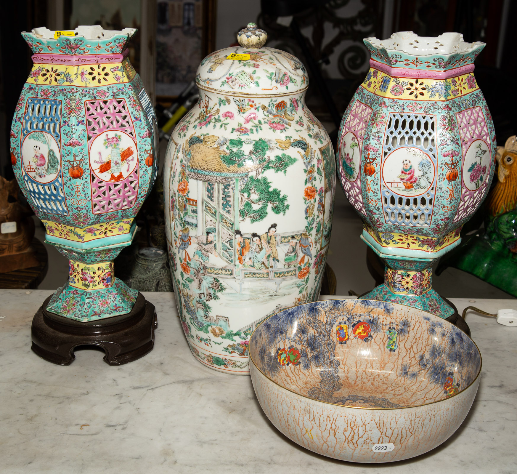 Appraisal: THREE PIECES OF CHINESE PORCELAIN Including a pair of famille