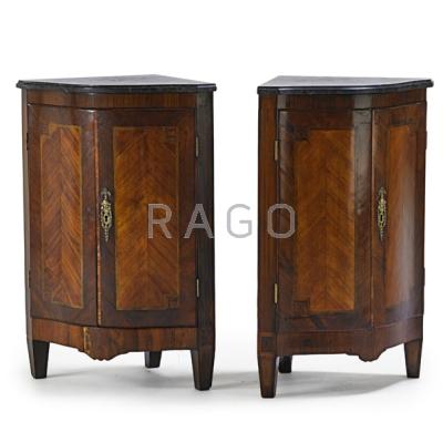 Appraisal: PAIR OF DIMINUITIVE FRENCH CORNER CABINETS Marble top with inlaid