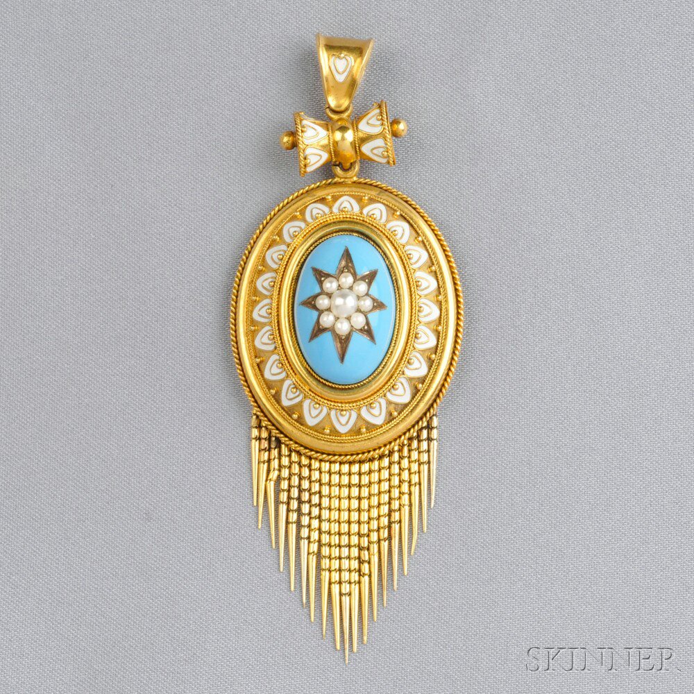 Appraisal: Antique Enamel and Split Pearl Pendant centering a pale blue