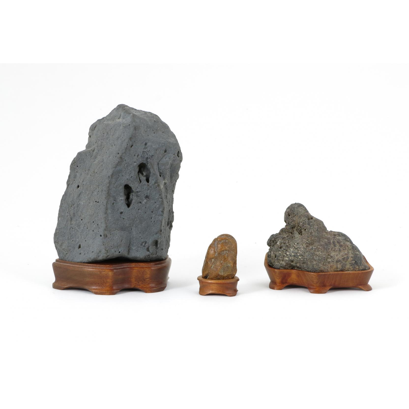 Appraisal: Three Asian Viewing Stones each on fitted wood stand initialed