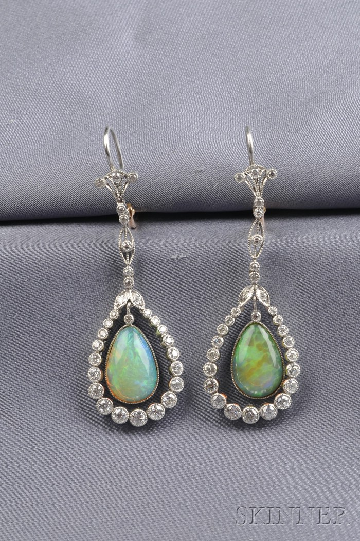 Appraisal: Platinum Opal and Diamond Earpendants each bezel-set with a pear-shaped