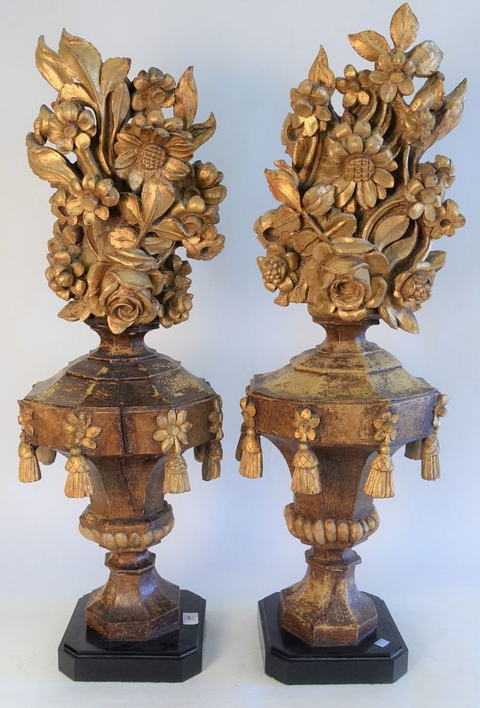 Appraisal: Pair of Carved Wood Cornucopia Urns with gilt decoration partially