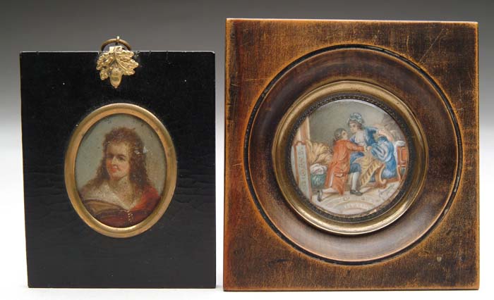 Appraisal: TWO FRAMED MINIATURE PAINTINGS Round interior scene painted on ivory