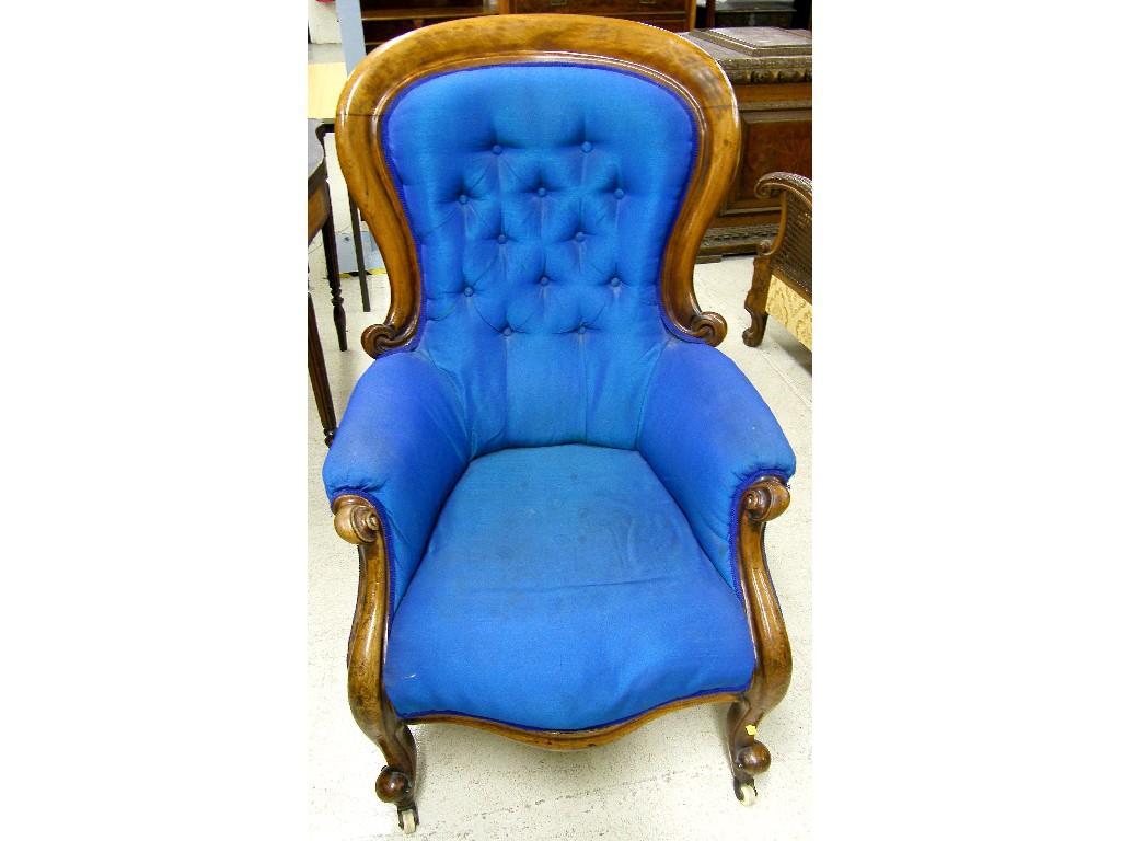 Appraisal: Victorian walnut spoon back salon chair in satin blue button-back