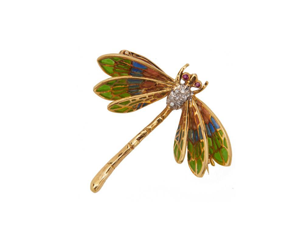 Appraisal: TIFFANY CO K Gold Enamel Diamond and Ruby Dragonfly Brooch