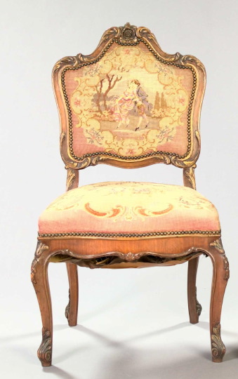 Appraisal: Louis XV-Style Needlepoint Sidechair ca the back with a floral-carved