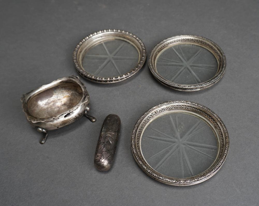 Appraisal: Six Sterling Silver and Glass Coasters Footed Salt and Sewing