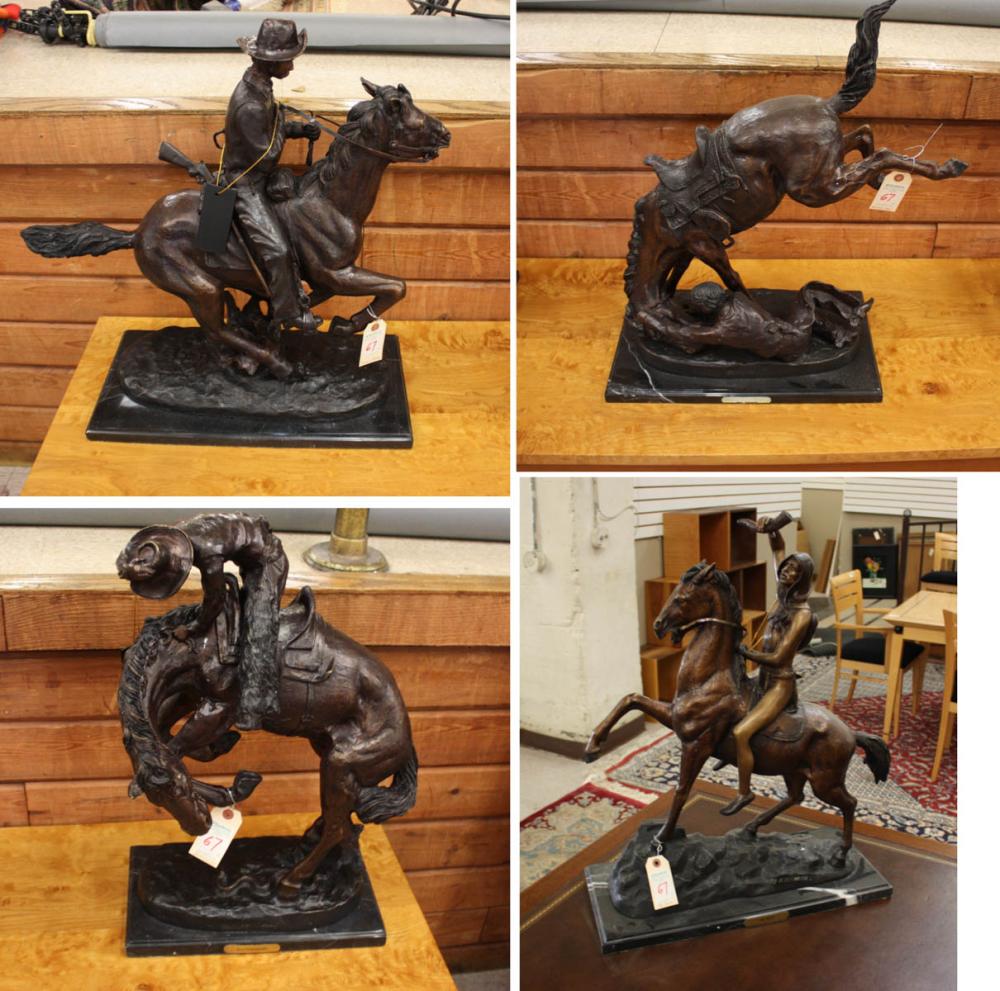 Appraisal: FOUR WESTERN BRONZE HORSE AND RIDER SCULPTURES after Frederic Sackrider