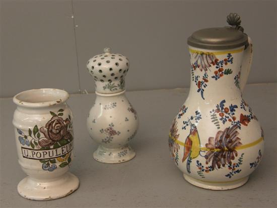 Appraisal: Three pieces of French Faience pepperpot - in apothecary jar