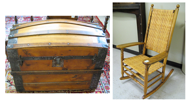 Appraisal: ANTIQUE TRUNK AND ROCKING CHAIR American c the trunk with