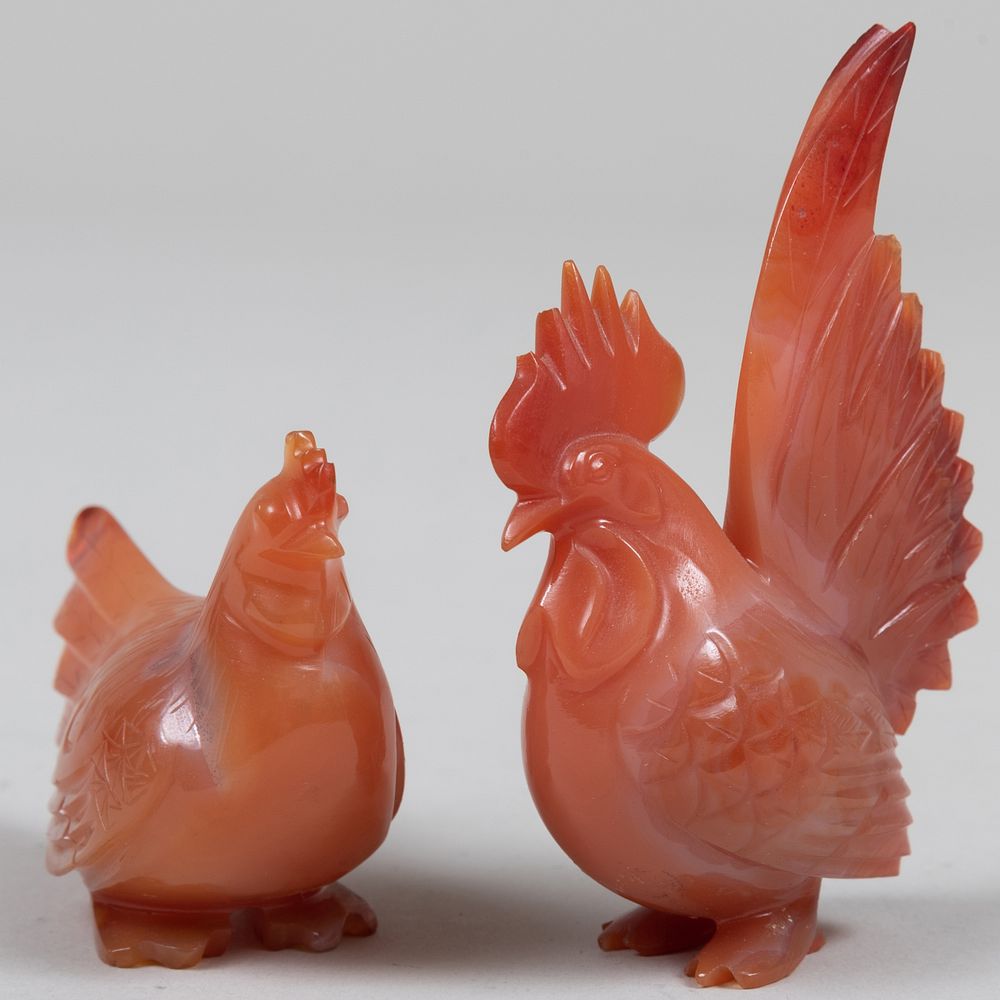 Appraisal: Pair of Chinese Agate Chickens The larger in high Property