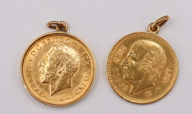 Appraisal: JEWELRY MEXICAN AND ENGLISH GOLD COIN PENDANTS Including Great Britain