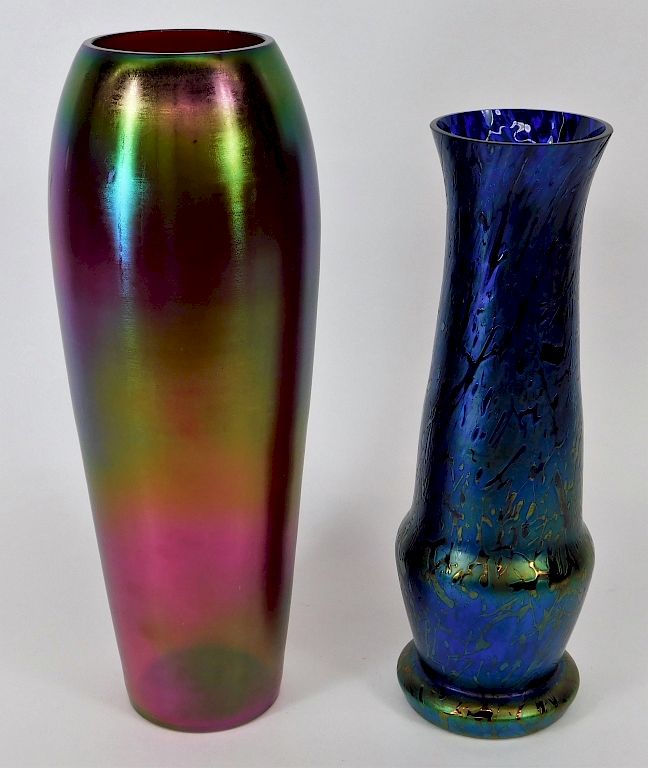 Appraisal: PC Kralik Oil Spill Bohemian Art Glass Vases Bohemia th