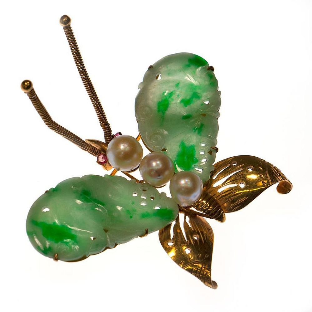 Appraisal: Jade cultured pearl ruby k gold butterfly brooch designed with