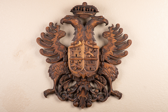 Appraisal: Large hand carved wooden Family Crest with eagles wide x