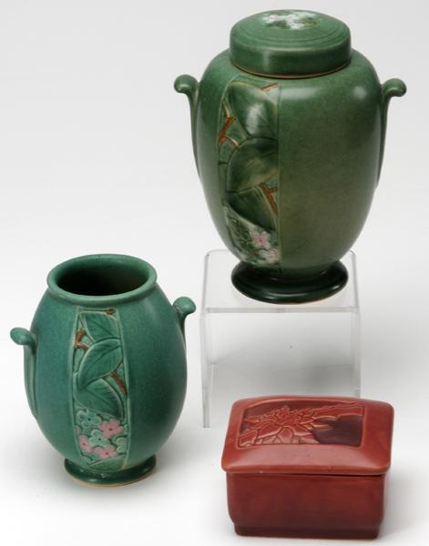 Appraisal: ROSEVILLE WELLER Three pieces two Weller green Velva vases one