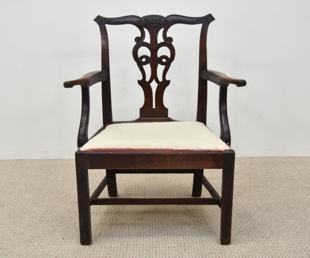 Appraisal: Chippendale mahogany open armchair circa with slip seat h X