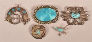 Appraisal: Southwest Indian Turquoise Brooches Pins Five Vintage Southwest Indian Sterling