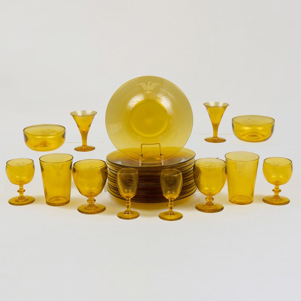 Appraisal: Extensive Continental Amber Glass Part Service Ectched with an Eagle