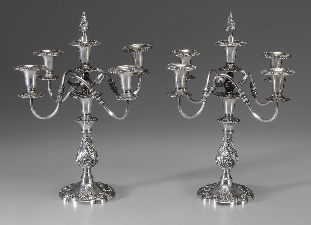 Appraisal: Pair Silver-Plate Five-Cup Candelabra American th century scroll floral and