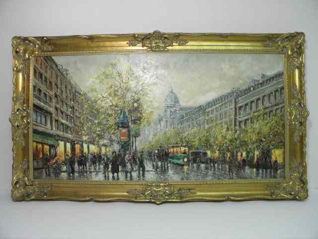 Appraisal: Large oil on canvas street scene painting Framed in ornate