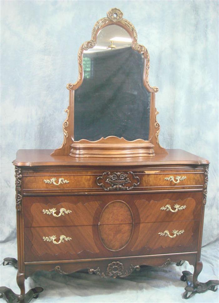 Appraisal: Carved walnut veneered bureau with mirror early th c Estimate