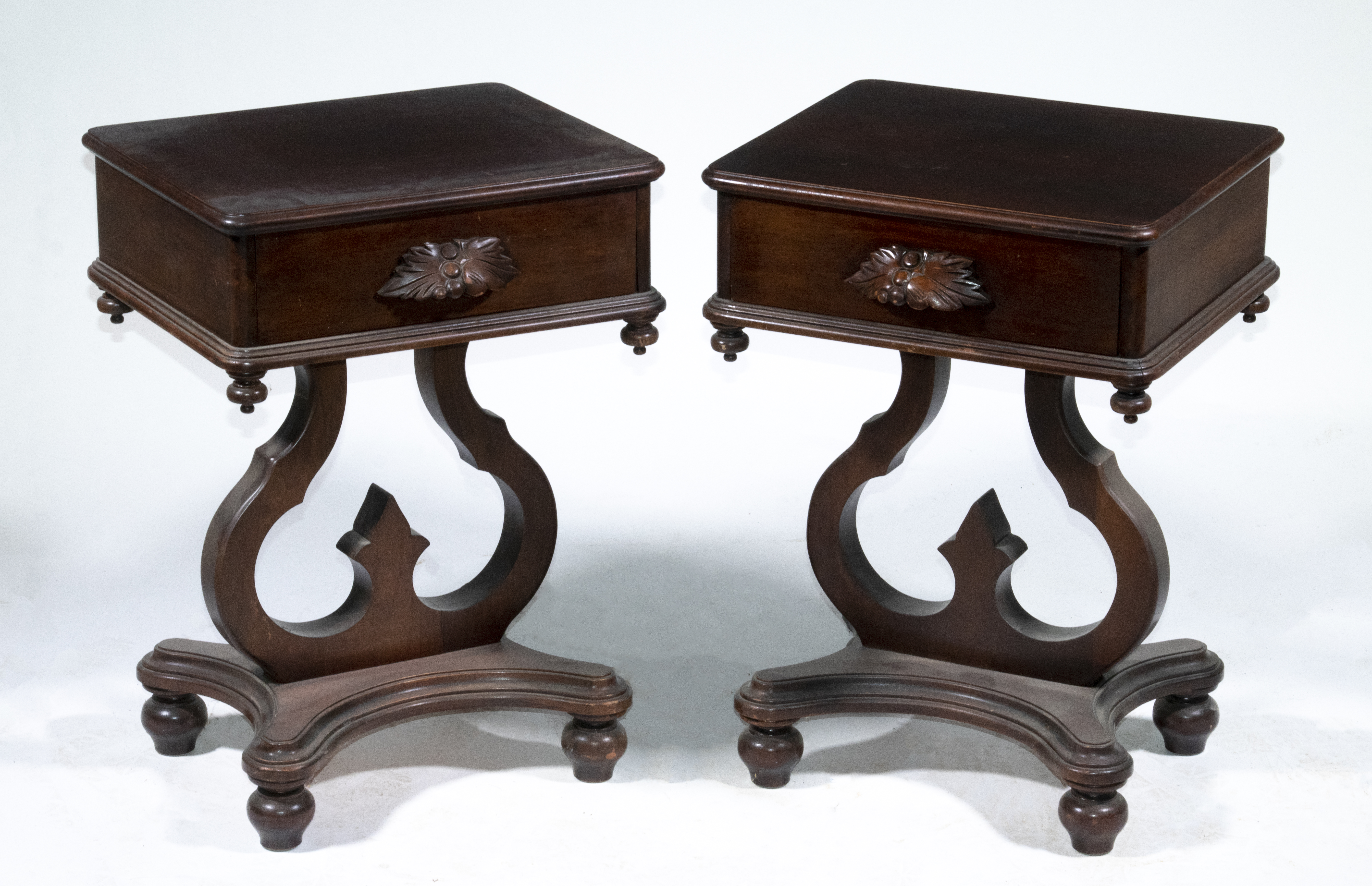 Appraisal: PR CARL FORSLUND LYRE BASE SIDE TABLES Pair of Vintage