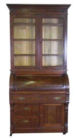 Appraisal: Walnut Victorian Cylinder Roll Secretary Bookcase with applied burl veneer