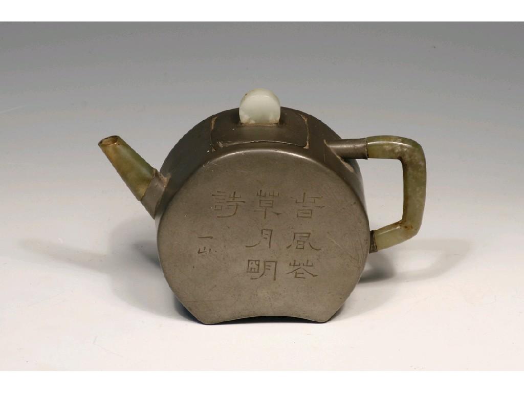 Appraisal: A CHINESE YIXING PEWTER-ENCASED AND JADE-MOUNTED TEAPOT one side with