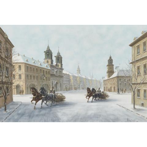 Appraisal: Wladyslaw Chmielinski - OLD TOWN SQUARE IN SNOW Polish Oil