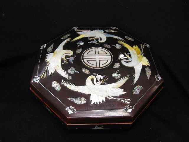 Appraisal: Japanese Lacquerware Octagonal Box carved inlaid abalone flying cranes fish