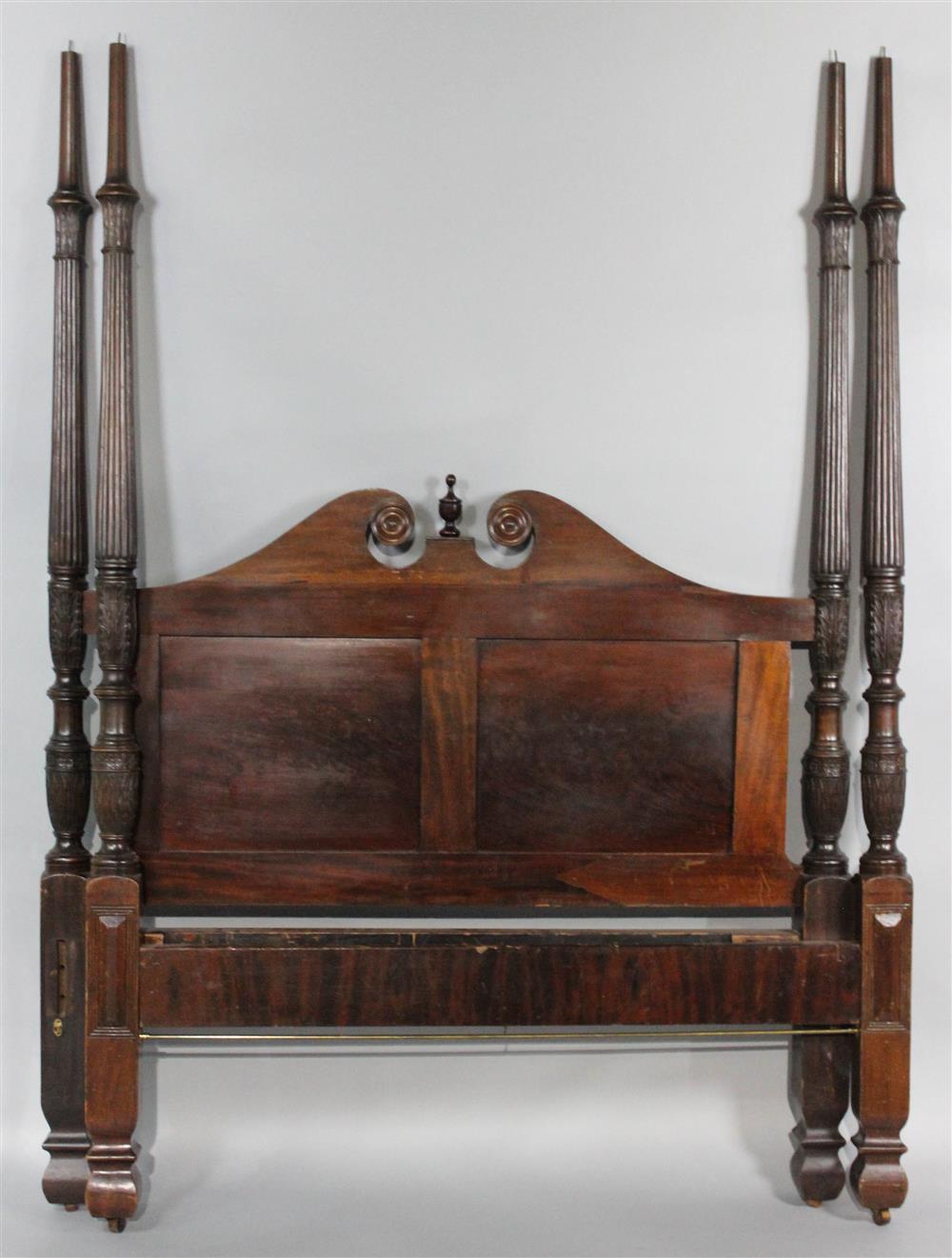 Appraisal: CARVED MAHOGANY FULL SIZE BED having four turned and reeded