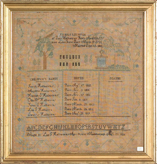 Appraisal: Middleborough Massachusetts silk on linen family record dated wrought by