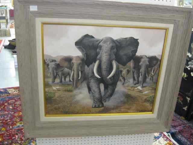 Appraisal: B Brierley Oil elephants charging on canvas image area ''